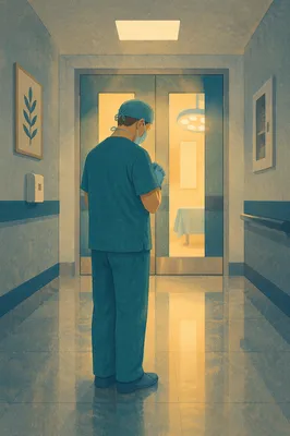 Surgeon Praying Before Surgery in Corridor