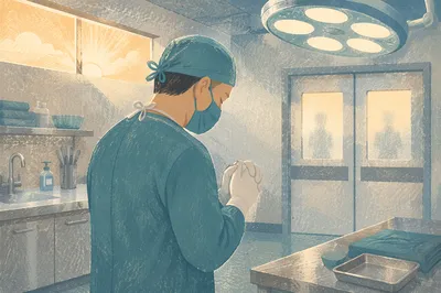 Surgeon Praying Before Surgery in Scrubs