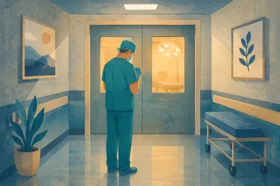 Surgeon Praying Before Surgery in Hospital Corridor