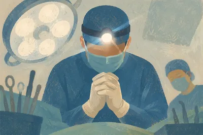 Surgeon Praying Before Surgery in Scrubs