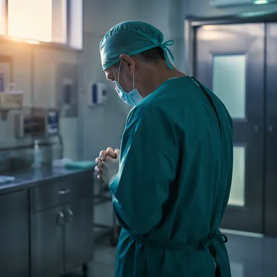 Surgeon Praying Before Surgery in Scrubs