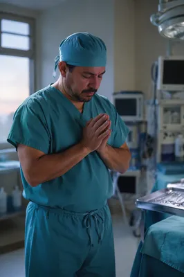 Doctor Praying Before Surgery in Teal Scrubs