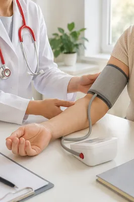 Doctor Checking Blood Pressure in Clinic