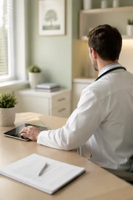 Doctor in White Coat Modern Office