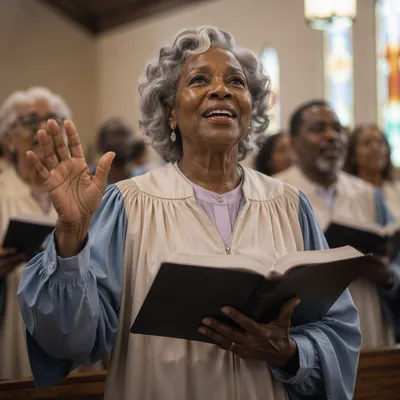 Joyful Elderly Choir Singer With Hymnal