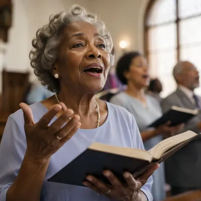 Elderly Choir Woman Singing Hymnal in Church