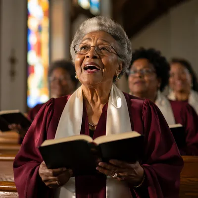 Elderly Choir Member Singing from Hymnal