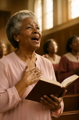 Elderly Choir Woman Singing Hymnal on Sunday