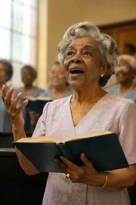 Elderly Choir Woman Singing Hymnal on Sunday