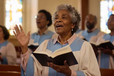 Elderly Choir Woman Singing from Hymnal