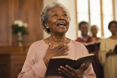 Elderly Choir Woman Singing From Hymnal