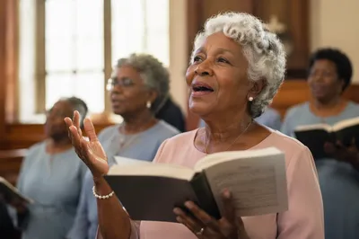 Elderly Choir Singer in Sunlit Church