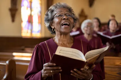 Elderly Choir Woman Singing from Hymnal