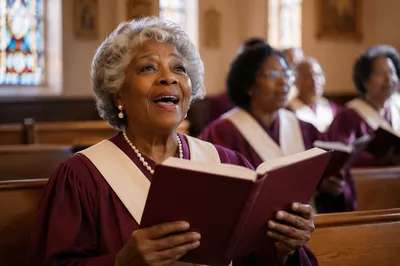 Elderly Choir Member Singing from Hymnal