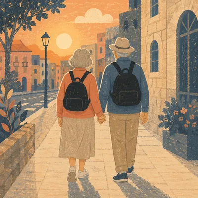 Elderly Couple Walking Hand in Hand