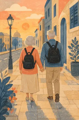 Elderly Couple Walking Hand in Hand
