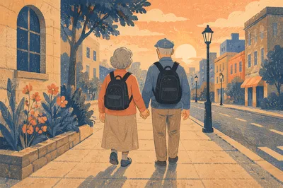 Elderly Couple Walking Hand in Hand at Sunset