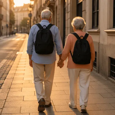 Elderly Couple Walking Hand in Hand at Sunset