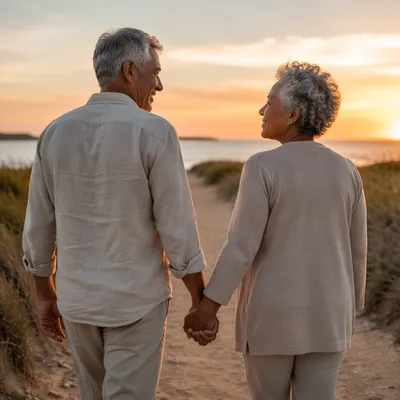 Elderly Couple Walking Hand in Hand at Sunset