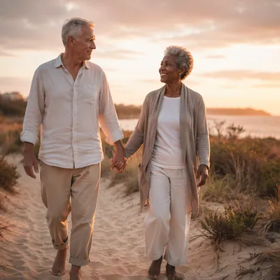 Elderly Couple Walking at Sunset