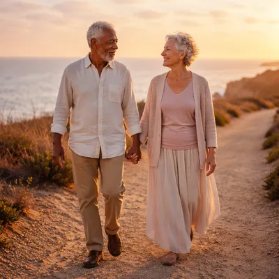 Elderly Couple Walking by Seaside Sunset