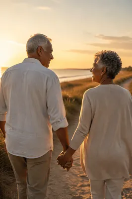 Elderly Couple Walking at Coastal Sunset