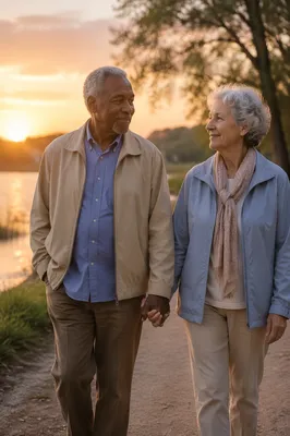 Elderly Couple Walking by Lakeside Sunset