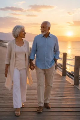 Elderly Couple Walking by Seaside Sunset