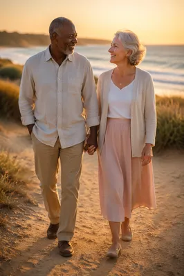 Elderly Couple Walking by Seaside Sunset