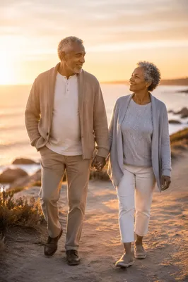 Elderly Couple Holding Hands at Sunset
