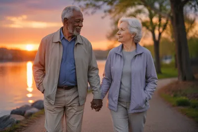 Elderly Couple Walking by Lakeside Sunset