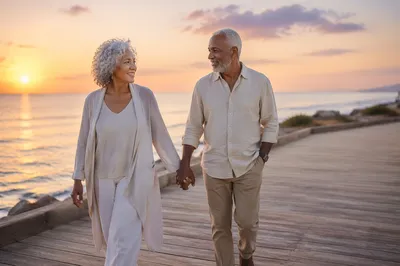 Elderly Couple Walking on Seaside Boardwalk