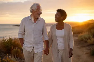 Elderly Couple Walking by Coast at Sunset