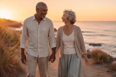 Elderly Couple Walking by Seaside Sunset