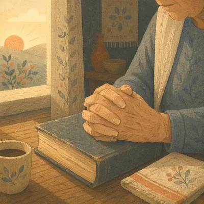 Elderly Hands in Prayer on Worn Bible