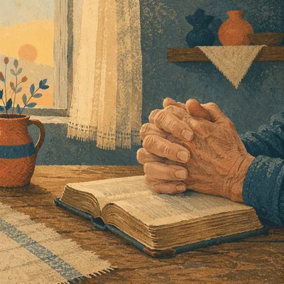 Elderly Hands in Prayer Over Worn Bible