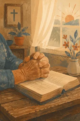 Elderly Hands in Prayer Over Worn Bible