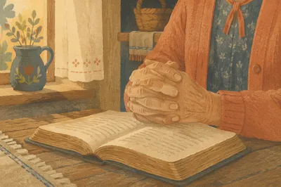 Elderly Hands in Prayer Over Worn Bible