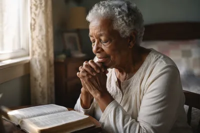 Elderly Woman Praying by Bedroom Window