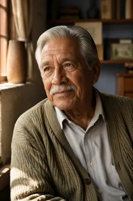 Elderly Hispanic Man by Sunlit Window