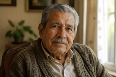 Elderly Hispanic Man by Sunlit Window