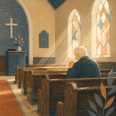 Elderly Man Praying Alone in Church