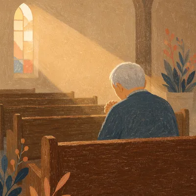 Elderly Man Praying Alone in Church