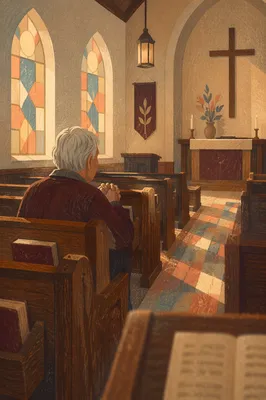 Elderly Man Praying Alone in Church