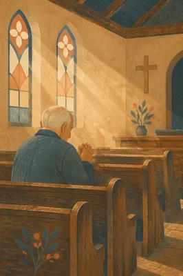 Elderly Man Praying Alone in Chapel