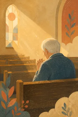 Elderly Man Praying Alone in Church