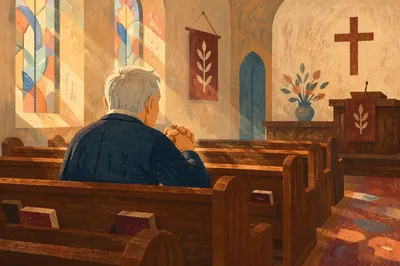 Elderly Man Praying Alone in Church