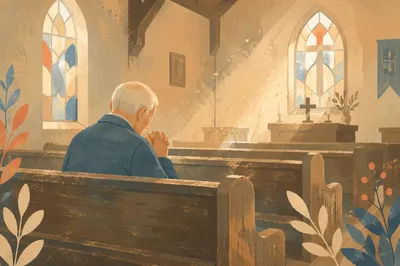 Elderly Man Praying Alone in Church
