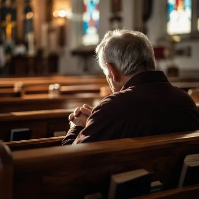 Elderly Man Praying Alone in Church