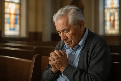 Elderly Man Praying Alone in Church